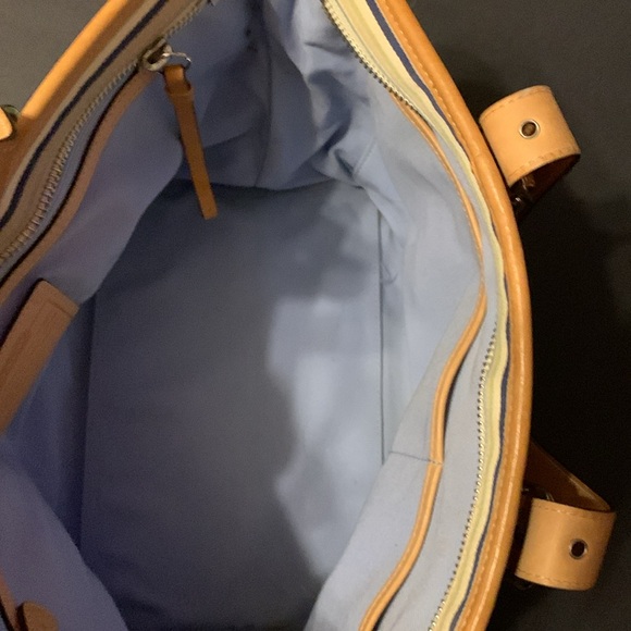 Authentic COACH Tote Bag Striped/Leather Trim. Blue/Green/ White. - Picture 6 of 9